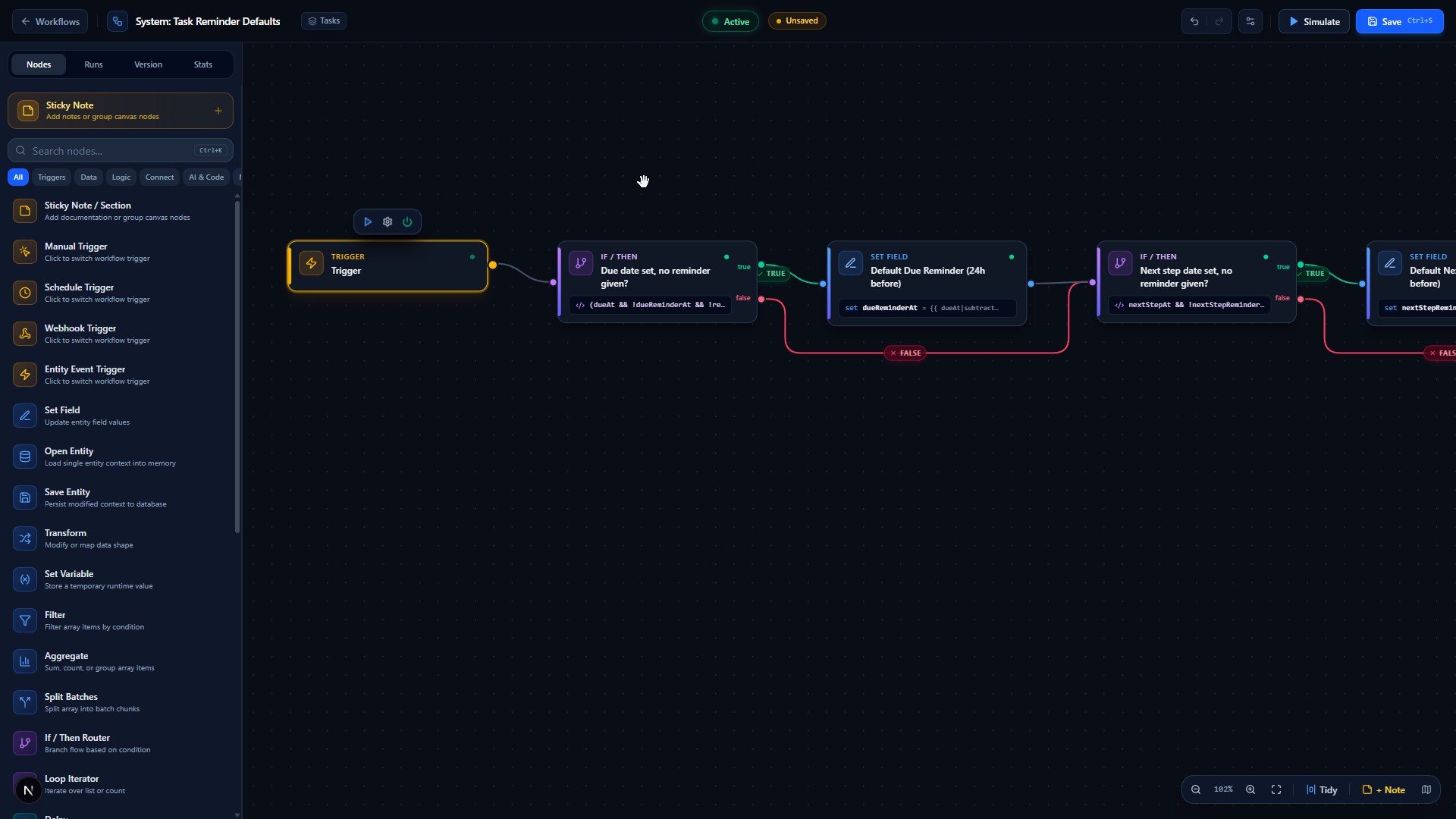 Webooto workflow editor: trigger, open entity, map fields, save, done
